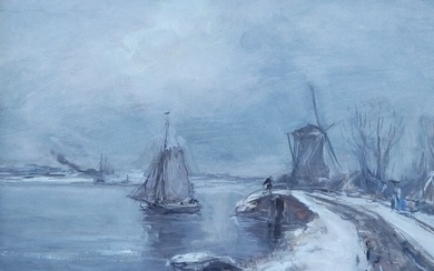 Louis Apol - Wintergezicht met molen en zeilboot