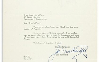 MCCARTHY, JOSEPH. Typed Letter Signed, "Joe McCarthy,"