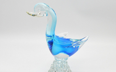 MURANO GLASS SCULPTURE, SOMMERSO DUCK IN BLUE, ITALY AROUND 1960S, HEIGHT CA. 23 CM.