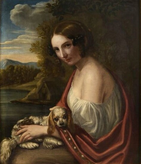 Maestro italiano del XVIII - XIX sec. - Ritratto di Ninfa con cagnolino
