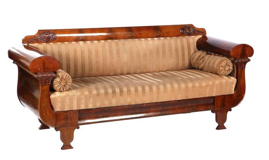 (-), Mahogany veneer Biedermeier sofa with striped upholstery...