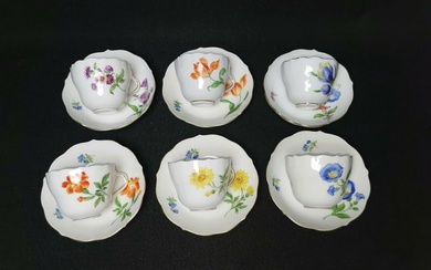 Meissen - Coffee service (12) - 6 Coffee Set Cup Plate Flowers Pattern Hand-painted Porcelain - porcelain gifts