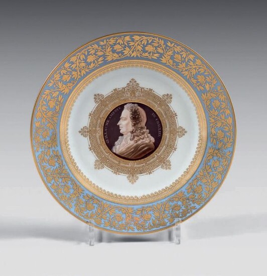 Mid 19th century Sèvres porcelain plate. Mark in blue on the medallion with LP SEVRES 1843, gilder's mark, intaglio marks, inscribed on the reverse in manganese Chaulieu (Guillaume Amfrye de ) Poet, / born in Fontenai in the Norman Véxin 1639...