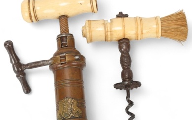 Mid-19th century brass barrel type corkscrew, with bone hand...