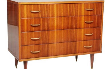 Mid Century Modern Carved Cherry Chest, 20th c., the rectangular top over four drawers, on tapered