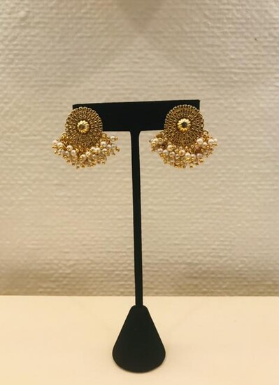 Modern Gold-Tone & Seed Pearl Earrings, Pair