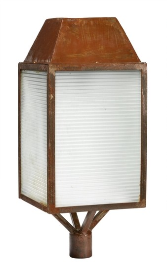Mogens Lassen: Unique outdoor lamp. Frame and top of brown lacquered metal with striped, frosted glass sides.