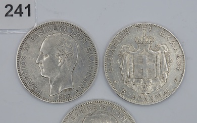 Monnaies - Grèce - Lot de 3 x 5 Drachmai George I 1875 A Paris...