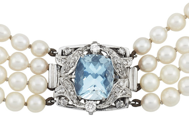 Multistrand White Gold, Cultured Pearl, Aquamarine and Diamond Necklace