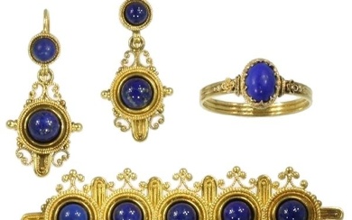 NO RESERVE PRICE - 18 kt. Yellow gold - Brooch, Earrings, Ring, Set Lapis lazuli - Neo-Etruscan anno 1900