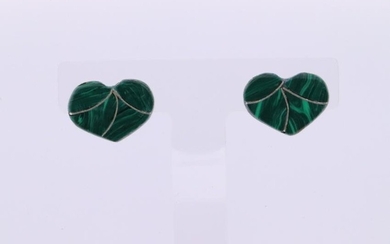 Native America Navajo Handmade Sterling Silver Green Heart Inlay Post Earring's.