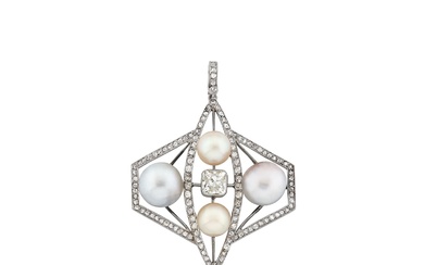 Natural pearl, cultured pearl and diamond pendant, 1930s