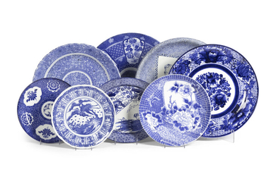 Nine Japanese Blue and White Porcelain Plates and Chargers