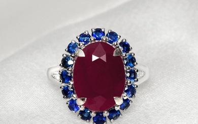 No Reserve Price - 5.41 ct Natural Unheated Ruby & 1.23 Ct Sapphire - 14 kt. White gold - Ring Ruby - Sapphires, IGI Certified