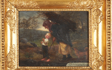 OIDENTIFIERAD KONSTNÄR. Fairy tale motif with gumma and boy, oil on panel, late 19th century, Denmark, lower corner with text and possible monogram signature.