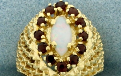 Opal and Garnet Basket Weave Ring In 14k Yellow Gold