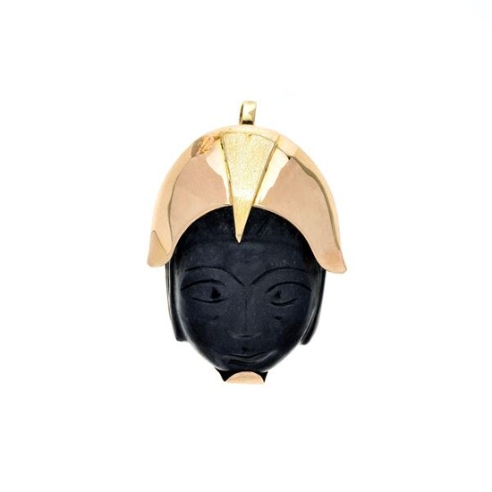 'Oriental Mask' pendant brooch in yellow gold and black stone
