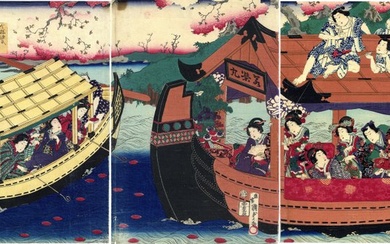 Original woodblock print triptych - Paper - Utagawa Kunisada II (1823-1880) - "Imayō Genji iki no kyokusui" 今様源氏粋の曲水 (Meandering Stream of Style of the Modern Genji) - Japan - 1867 (Keiô 3), 12th month
