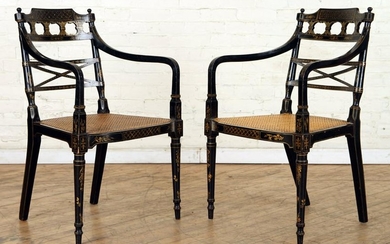 PAIR 19TH C. ENGLISH ADAMS STYLE OPEN ARM CHAIRS