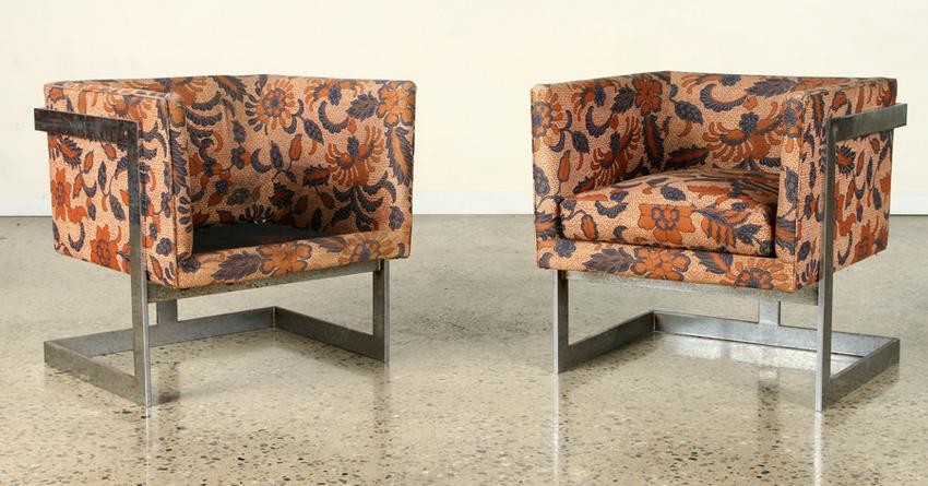 PAIR CUBE FORM CHROME UPHOLSTERED CHAIRS C.1970
