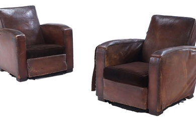 PAIR FRENCH LEATHER ART DECO CLUB CHAIRS C 1935 WITH...
