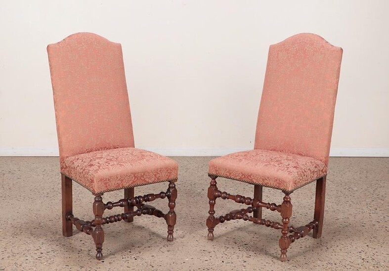 PAIR HIGH BACK 18THC UPHOLSTERED SIDE CHAIRS
