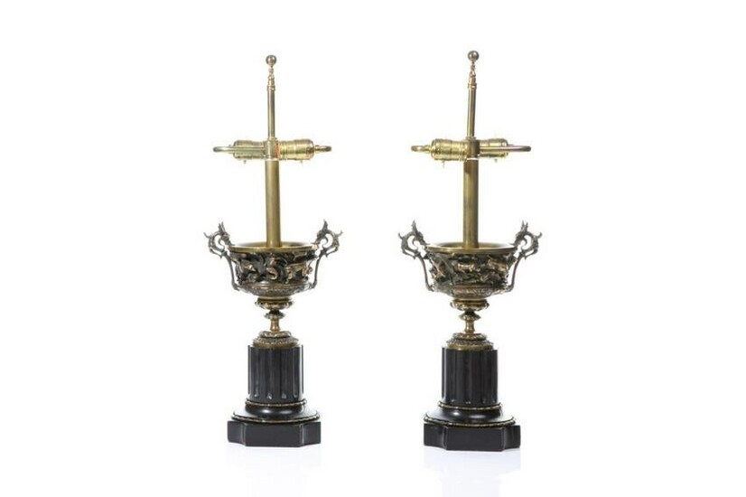 PAIR OF 19TH C BRONZE & BLACK MARBLE URNS AS LAMPS