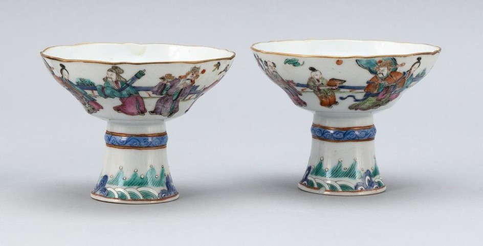 PAIR OF CHINESE PORCELAIN WINE CUPS Polychrome figural decoration. Heights 3.5".
