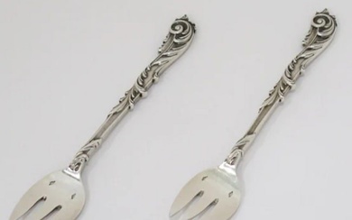 PAIR OF EUROPEAN SILVER ANTIQUE FRENCH FLORAL SCROLL SEAFOOD FORKS