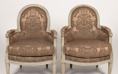 PAIR OF PAINTED FRENCH LOUIS XVI BREGERE ARMCHAIRS IN SILK DAMASK