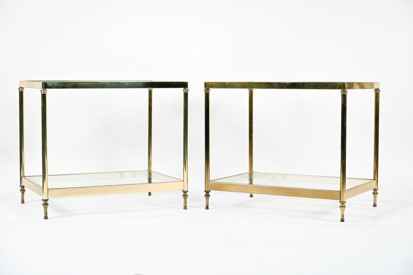PAIR OF VINTAGE GLASS & BRASS SIDE TABLES