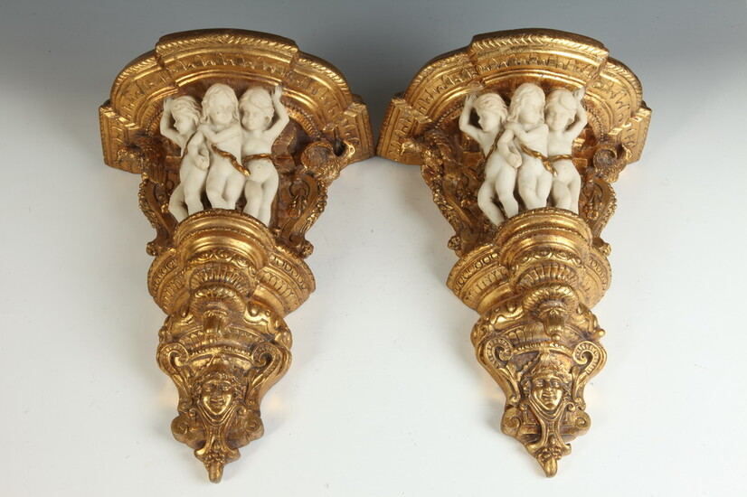 PAIR RENAISSANCE-STYLE CAST COMPOSITE AND GILT FIGURAL WALL BRACKETS AND...