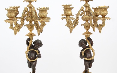 PAIRE DE CANDÉLABRES En bronze doré et bronze à patine brune, figurant des enfants portant...