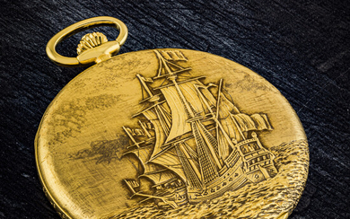 PATEK PHILIPPE. A POSSIBLY UNIQUE 18K GOLD HUNTER CASE POCKET WATCH WITH ENGRAVED SCENES OF “NAVIRES ANCIENS DU XVIE SIÈCLE” AND BREGUET NUMERALS REF. 823/5, MANUFACTURED IN 1971