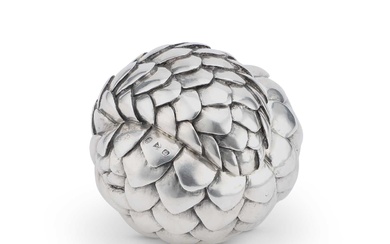 PATRICK MAVROS: A LARGE SILVER SCULPTURE OF A PANGOLIN ROLLED