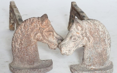 Pair Antique CastIron Horse Head Sporting Andirons