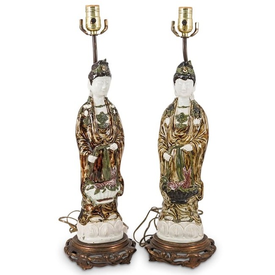 Pair Antique Chinese Porcelain Guanyin Lamps