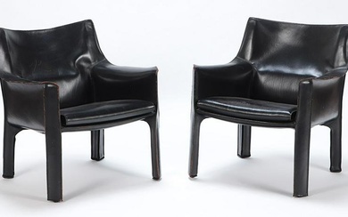 Pair Italian Cassina leather arm chairs C 1970. Ht: 30" Wd: 26.5" Dpth: 23" Seat: 16"