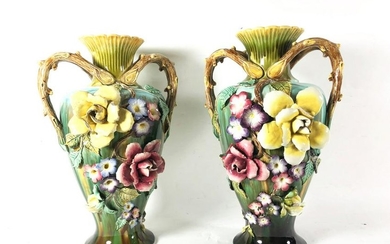 Pair Large English Majolica Vases, Ca. 1910