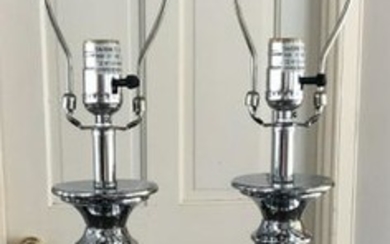 Pair Metal Column Form Silver Tone Lamps