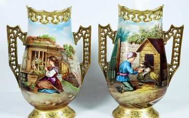Pair Of Continental Two Handle Picture Vases
