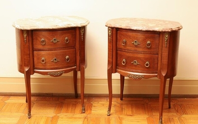 Pair of Marble Top Walnut Kidney Shaped Tables, C. 1900, H 28’’ W 23.5’’