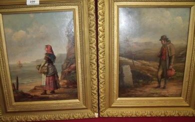 Pair of 19th C oils on board, a fisher...