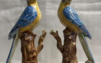 Pair of Antique Decorative Large Blue Porcelain Parrots W Green Head