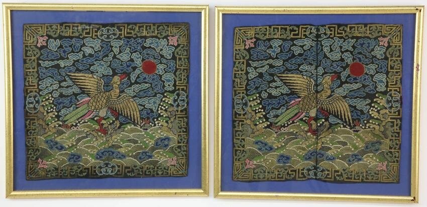 Pair of Antique Embroidered Chinese Imperial Rank Badges, 19th Century