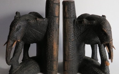 Pair of Antique Hand Carved Elephant Bookends