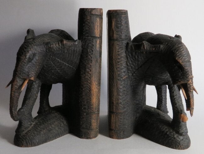Pair of Antique Hand Carved Elephant Bookends