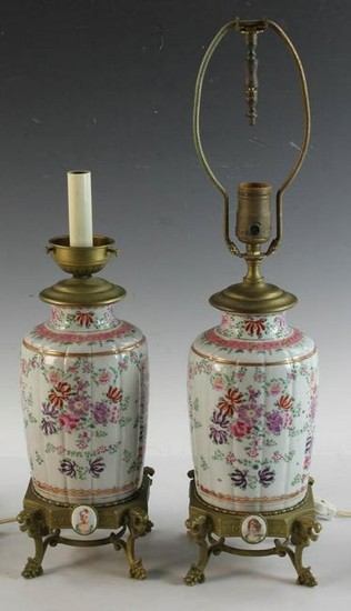 Pair of Brass Mounted Porcelain Lamps