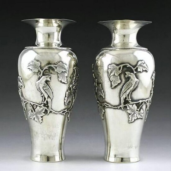 Pair of Chinese peony sterling silver vases