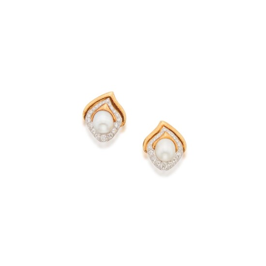 Pair of Cultured Pearl and Diamond Earclips, David Webb